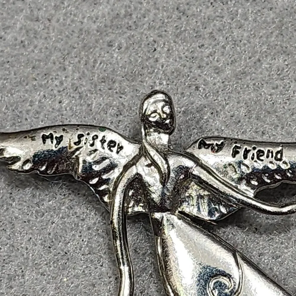 'My Sister My Friend' Inscription Angle In Flight Brooch Pin Vintage Silver Tone